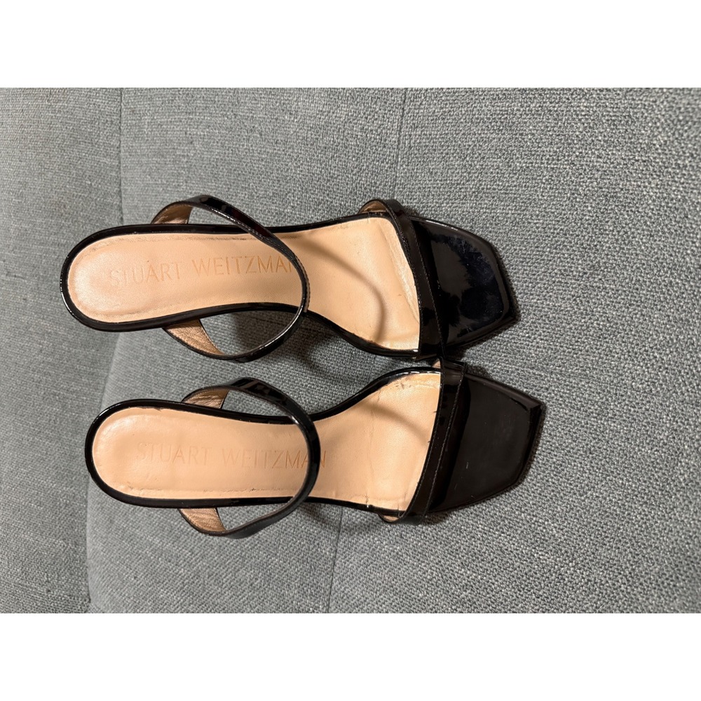 Stuart Weitzman Aleena Black Patent Leather Square Toe Stiletto Heel Sandals 5.5